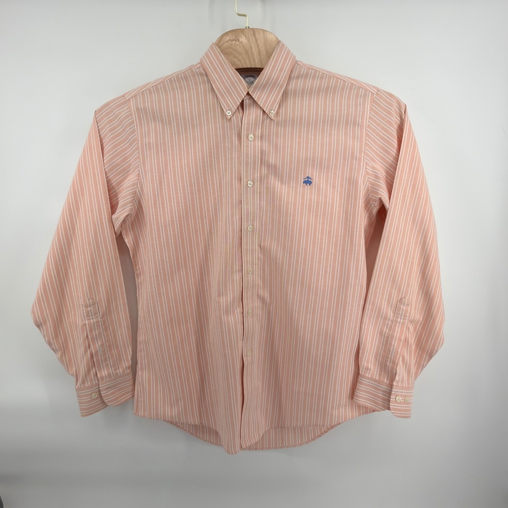 Brooks Brothers Button Front Shirt Mens L Orange White Striped Non Iron Slim Fit